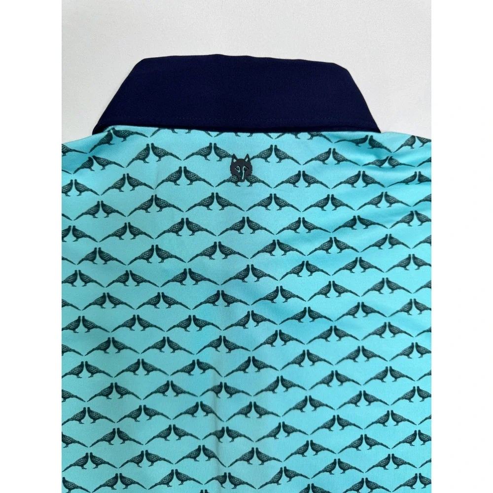 Greyson Clothiers Mens Large Turquoise Bird Print Golf Polo Shirt Navy Collar